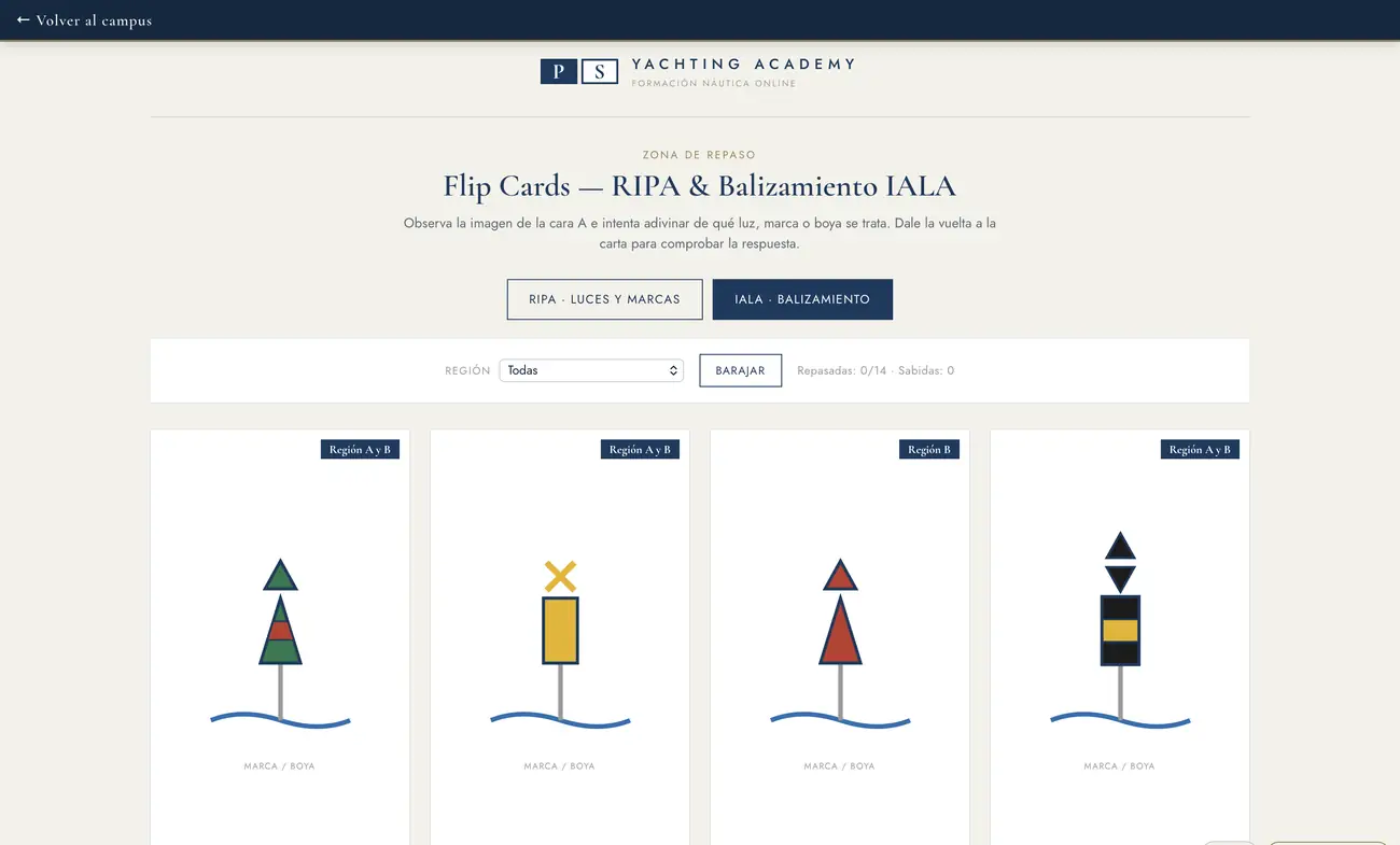 Flip cards de balizamiento IALA — campus de PS Yachting Academy
